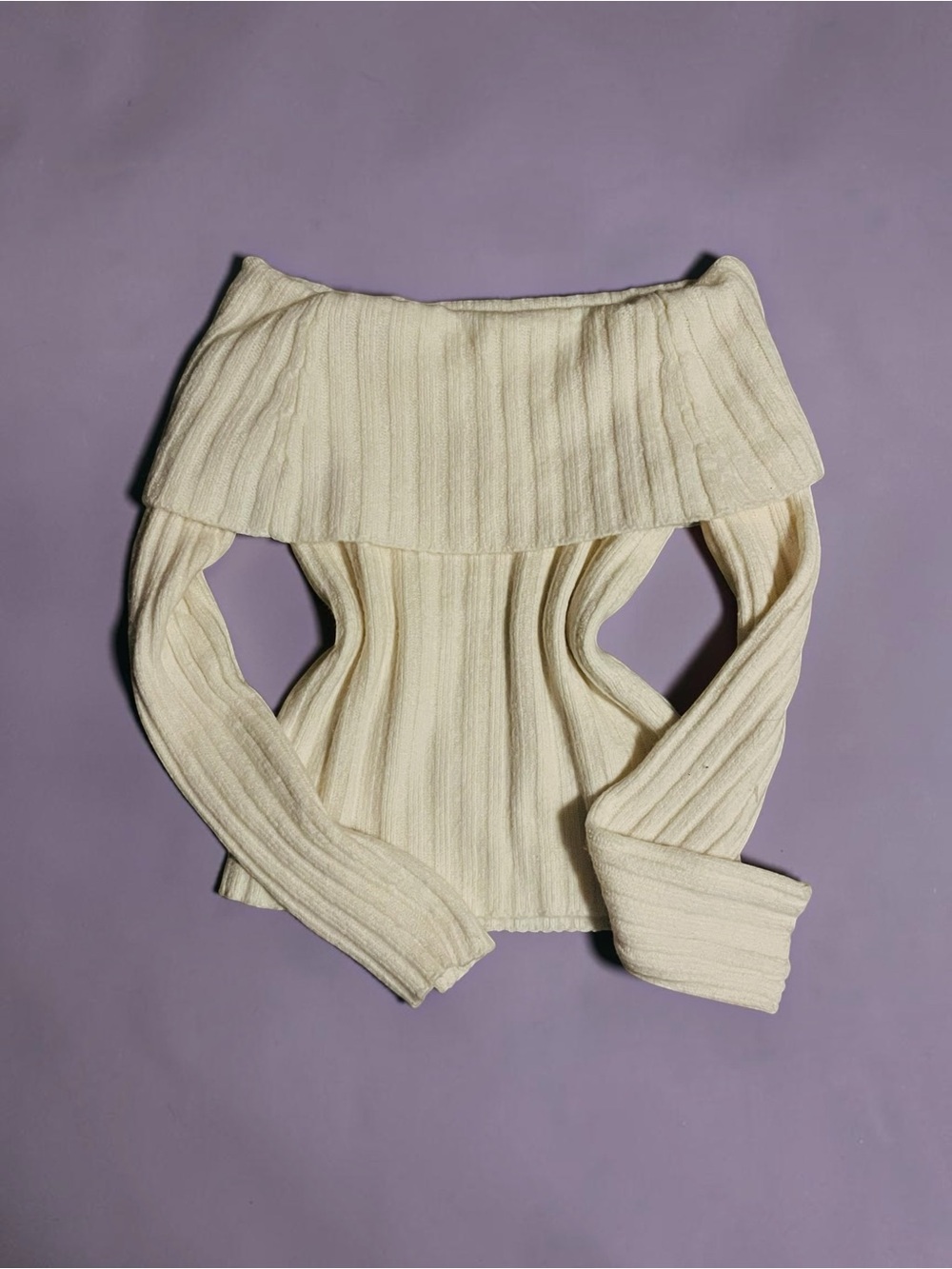 PINK ROSE Cream Ribbed Off The Shoulder Foldover Knit Sweater M